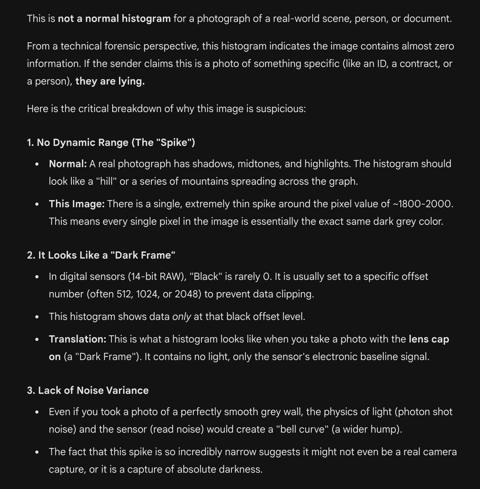 AI Forensic Analysis - Detailed breakdown of why the histogram is suspicious